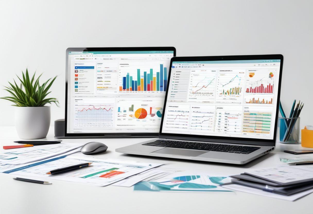 A modern, sleek workspace featuring a laptop displaying financial graphs and digital tools, surrounded by floating icons representing savings, insurance, and technology. Include a thoughtful person analyzing data with a calculator and a stack of paperwork beside them. Use a vibrant color palette with a clean, organized layout to convey efficiency and clarity. super-realistic. vibrant colors. white background.