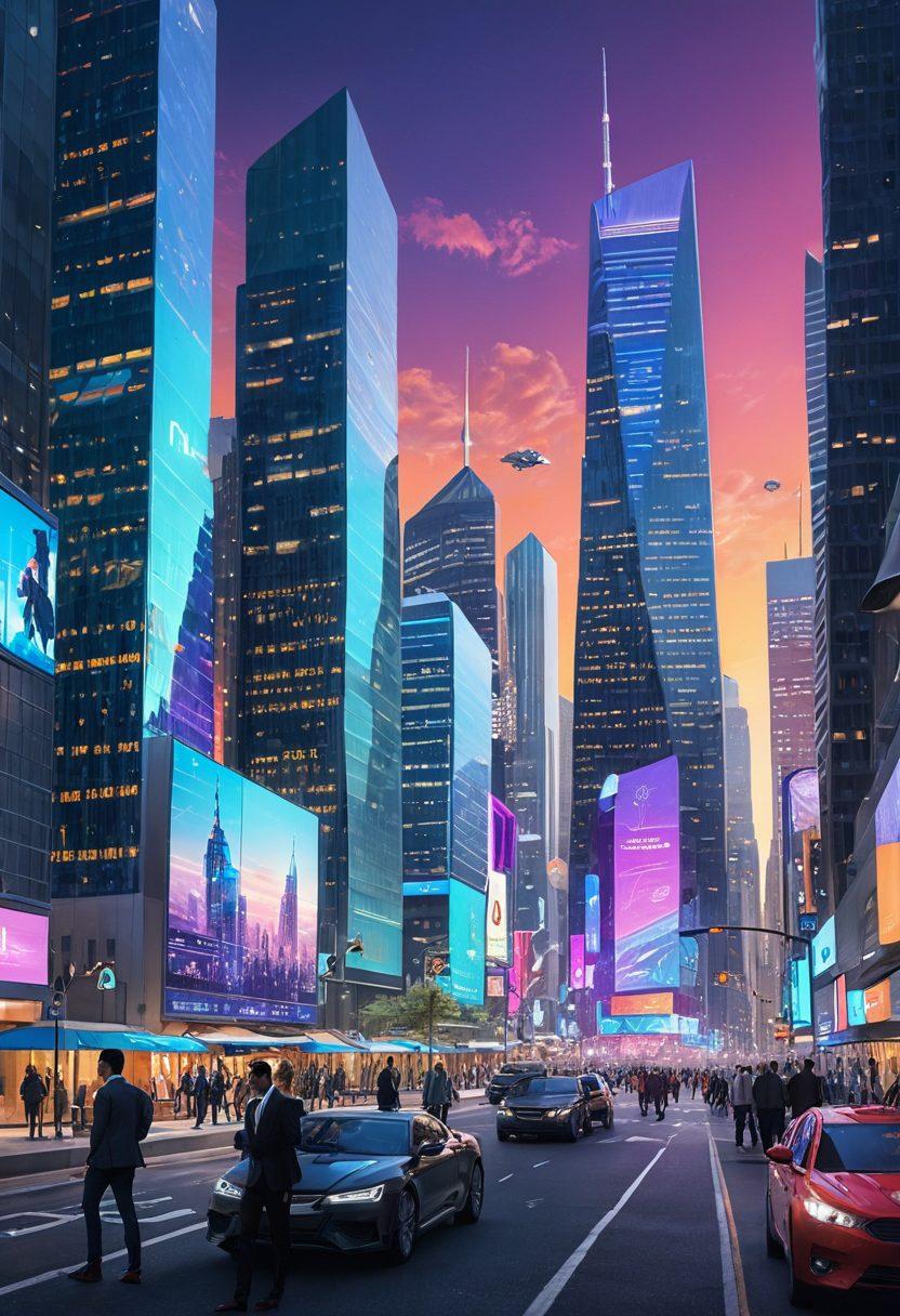 A futuristic cityscape representing the digital landscape, with visuals of insurance policies floating like holograms above the skyline. Include people using digital devices to access information, surrounded by vibrant icons symbolizing smart coverage and premium savings. The scene should convey a sense of innovation and technology in the insurance industry. super-realistic. vibrant colors. 3D.