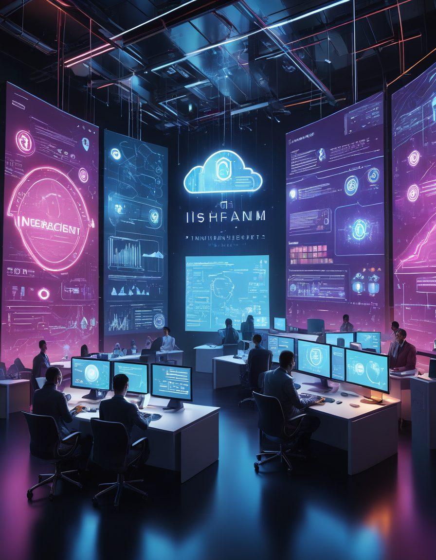 A conceptual illustration of a digital insurance landscape featuring an abstract representation of risk assessment tools, smart algorithms in action, and a diverse team of professionals collaborating over data on screens. Incorporate elements like digital graphs, cloud storage, and an overlay of insurance symbols (like shields and check marks) to signify protection. The background should transition from dark to light, symbolizing clarity amidst complexity. cyberpunk. vibrant colors. 3D.